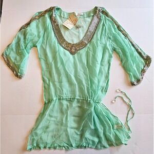 Boston Proper‎ Tunic SMALL Rhinestone Beaded Rayon NWT Sparkle Blouse Green